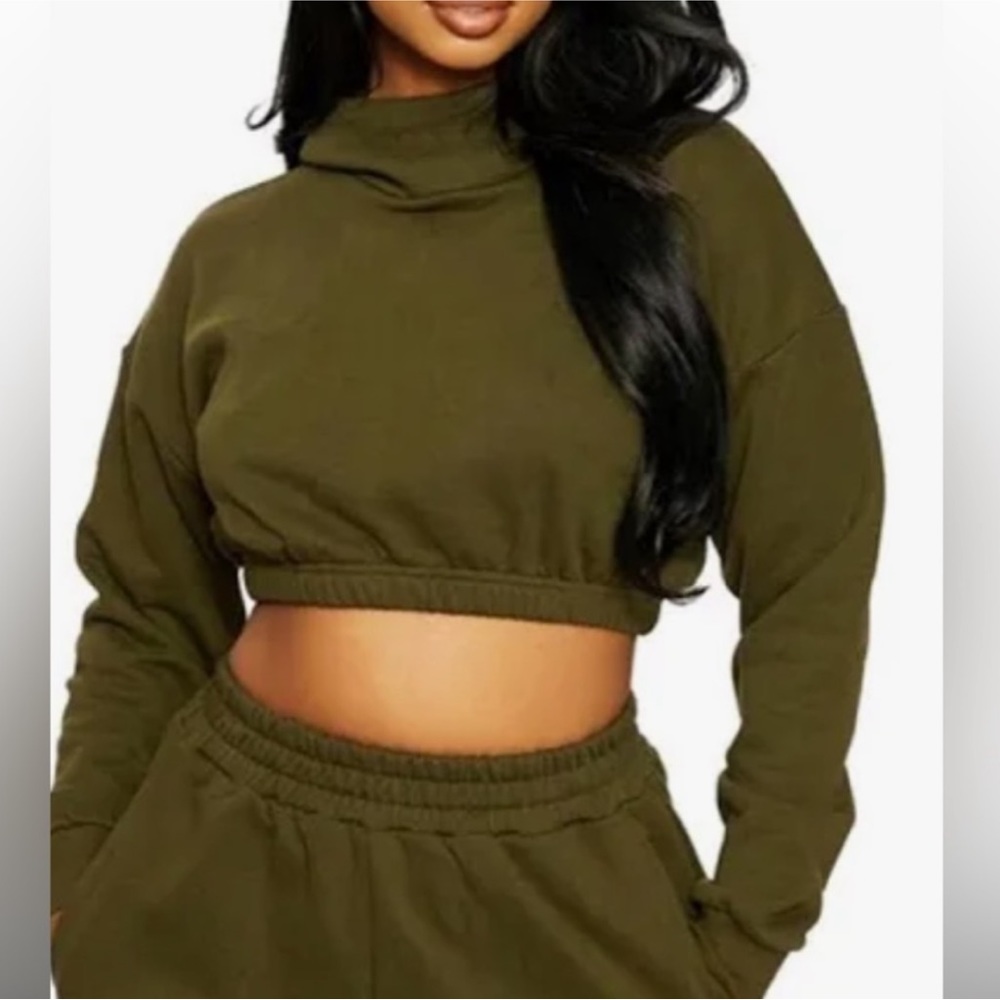 NWOT Naked Wardrobe Army Green Cropped Cotton Hoodie